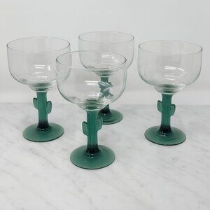 Vintage Set of 4 Cactus Stem Margarita Glasses 6.25” Green Stem Southwestern Bar